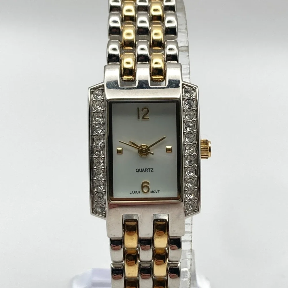 Womens Tank Watch Gold Silver Two Tone 19mm Crystals Bling New Battery 6.5